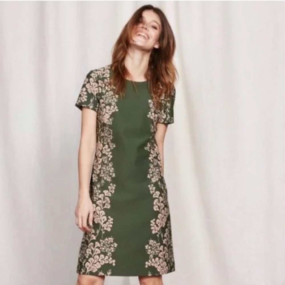 Boden Khaki Pink Print Green Sheath Dress Short Sleeve Crew Neck